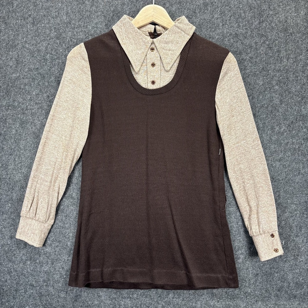 True Vintage 1970s Layered Collared Long Sleeve Top Womens XS Brown Cream USA